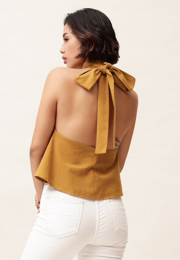 High Neck Linen Halter Top Mustard