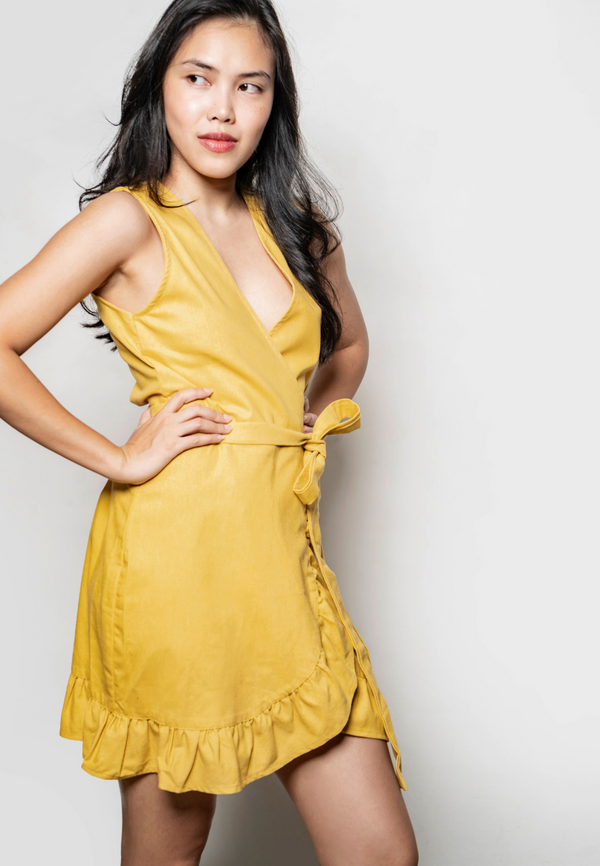 Sleeveless Wrap Dress w/ ruffles  Mustard