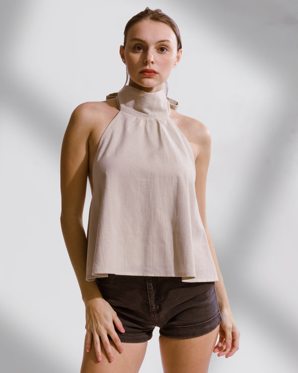 High Neck Linen Halter Top Beige