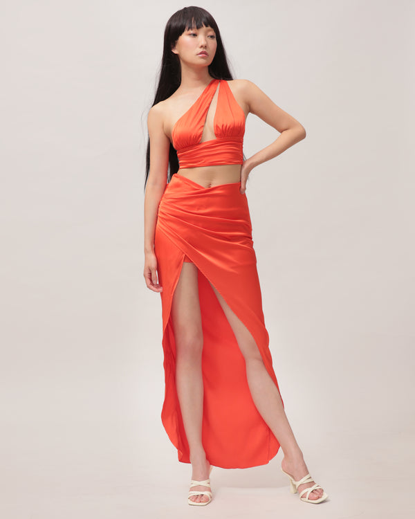 One Shoulder Crop Top and Split Skirt Set Orange