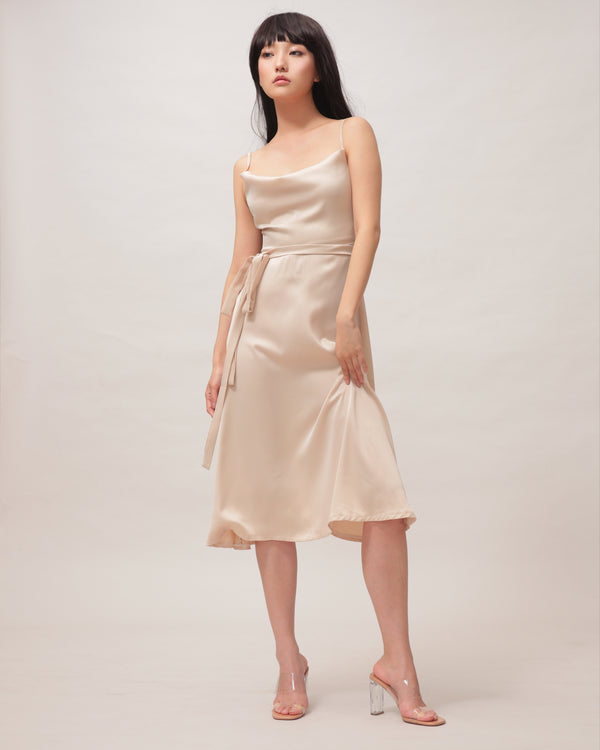 Cowl It a Night Silk Dress Beige