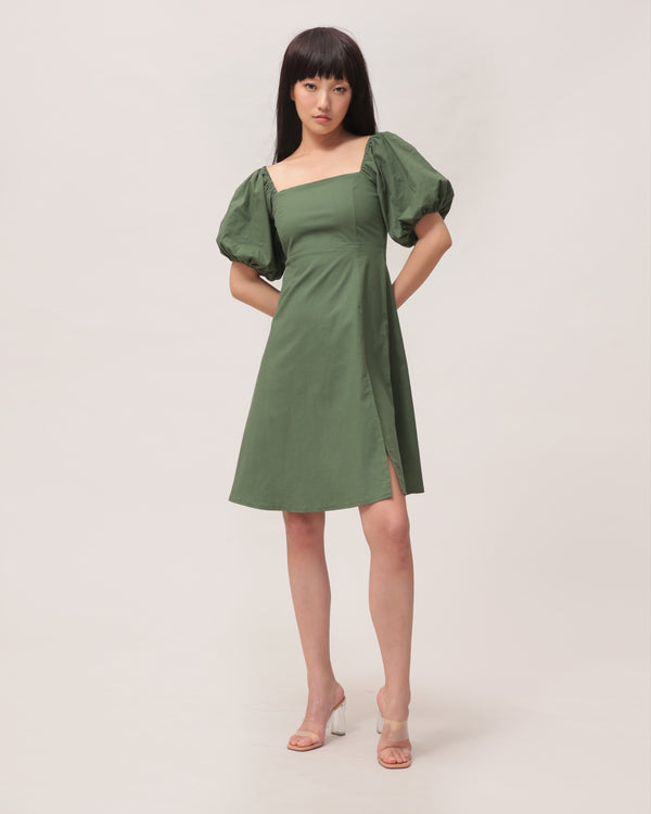 Puff Love Linen Midi Dress Green