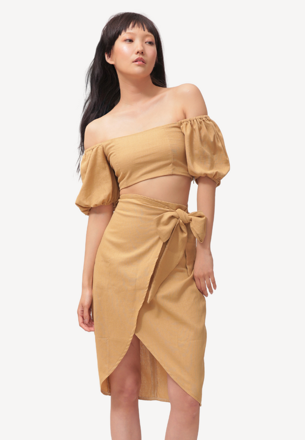 Puff Sleeve Crop Top & Skirt Set Caramel