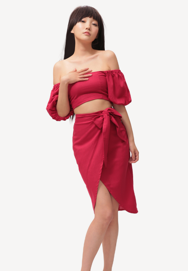 Puff Sleeve Crop Top & Skirt Set Red