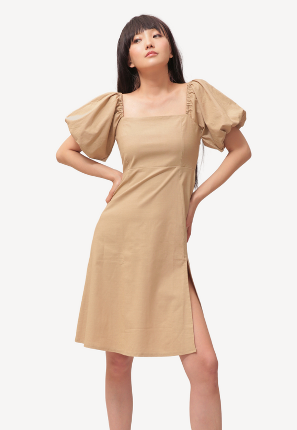 Puff Love Linen Midi Dress Khaki