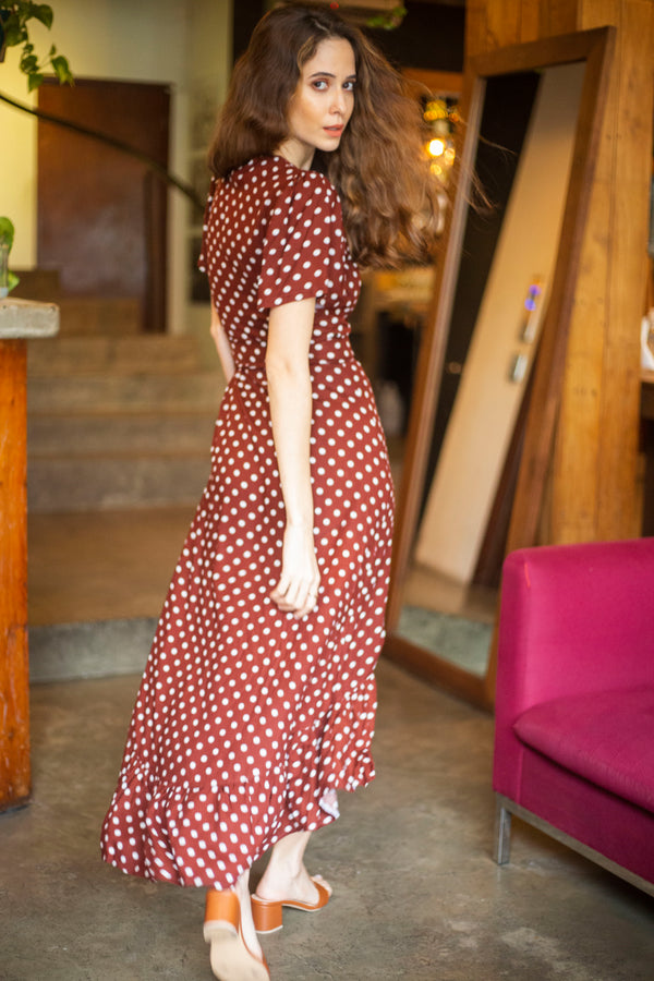 Bell-sleeved Maxi Wrap Dress Polka Maroon