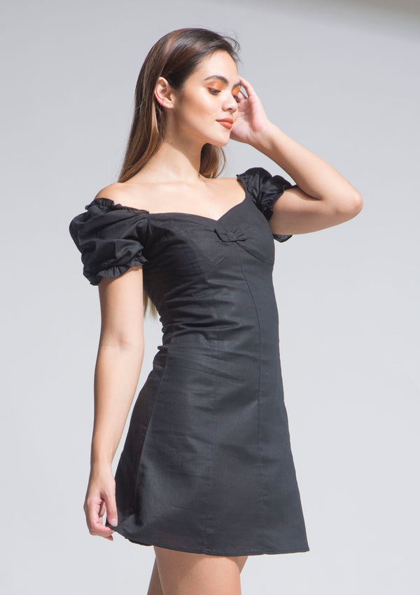 Shrug It Off Shoulder Linen Dress Black