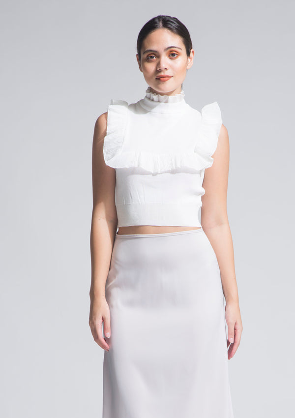 Tight Knit Sleeveless Frill Top White