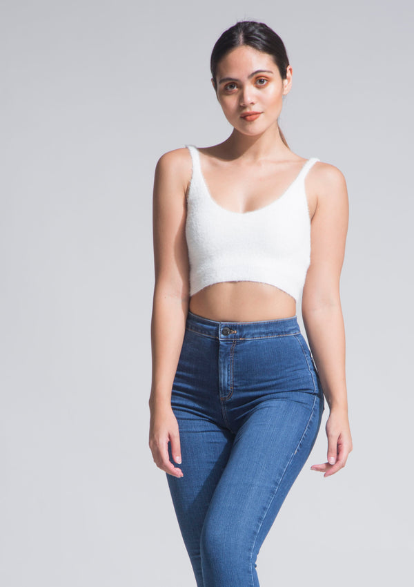 Cloudy Skies Fluffy Knit Crop Top White