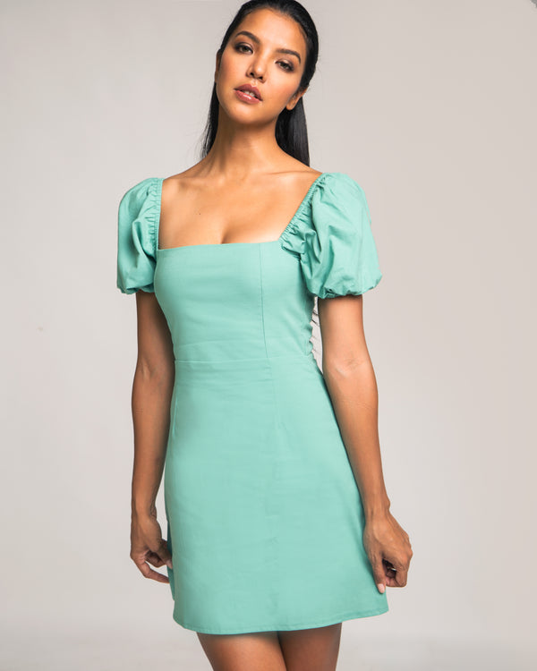 Puff Love Linen Dress in Seafoam