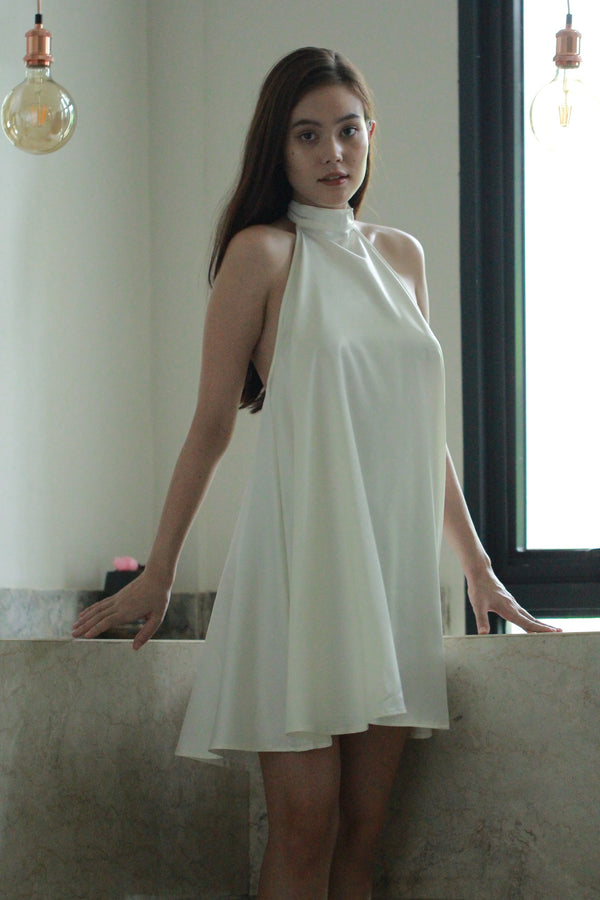 Bare it All Satin Halter Dress Pearl White