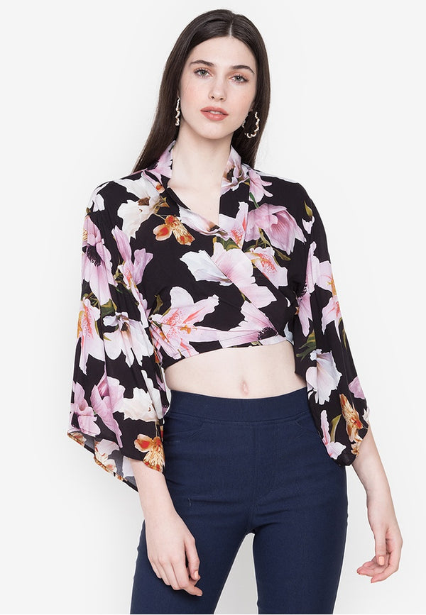 Kimono Tie Top Black with Lillies